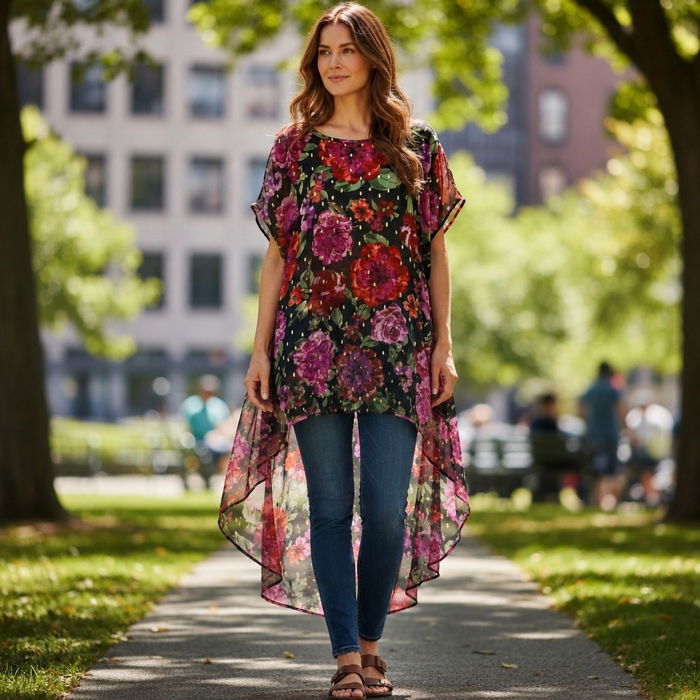Chacha Vente Floral High Low Tunic Top Gold Foil Clip Dot Black Pink XL